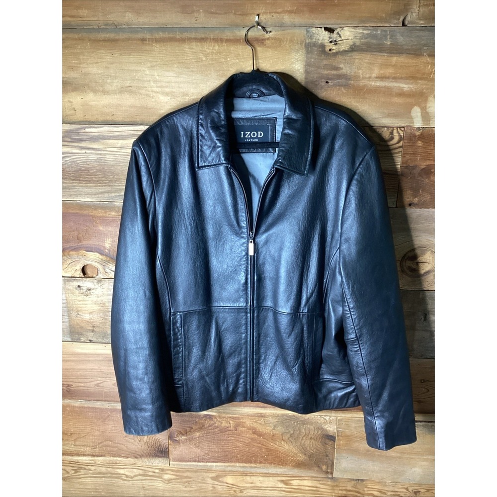 VTG Izod Classic Leather Jacket Black Zip Cafe Racer Motorcycle Bomber L